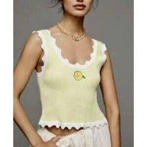 Anthropologie Maeve Cropped Scallop knit Sweater Tank top LEMON FRUIT YELLOW XL